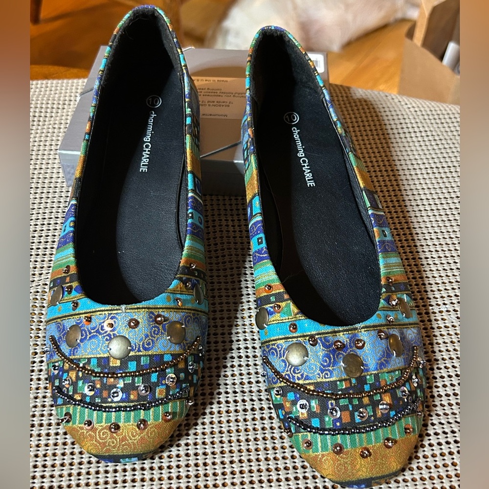 Charming Charlie Ladies Flats Size 10-Multi-Color Fabric Upper & Sequin & Beads